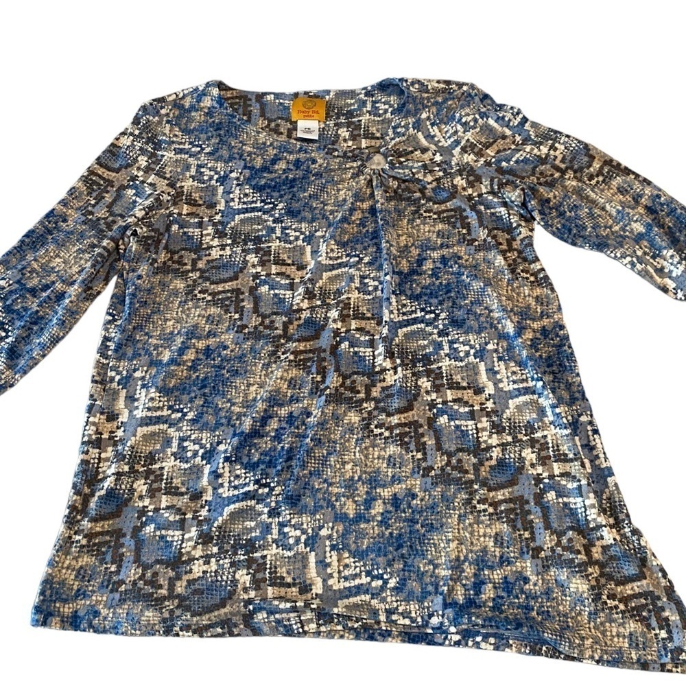 RUBY Rd Petite Small Business Casual Top Blue Brown Cream
